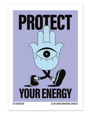 Hamsa Hand illustration protect your energy print. Protect your peace poster. Spiritual poster. Positive print. Yoga art print in purple.