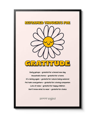 "Reframed thoughts for gratitude" mental health poster. Free download with flowers and motivational affirmations.