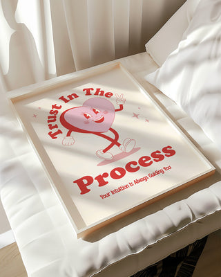 Retro pink and red affirmations art print. The wall art print reads trust in the process and is in bedroom decor.