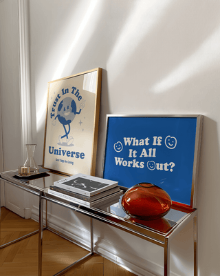 contemporary art print set in modern hallway. Blue and cream positive posters