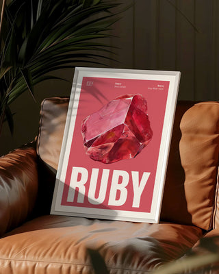 Contemporary unique art print featuring ruby crystal. July birthstone wall art print in vintage living room decor