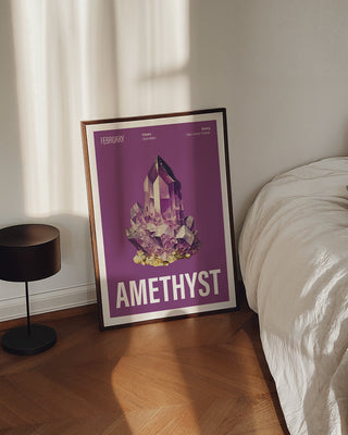 Amethyst crystal art print in bedroom. Contemporary large wall art print for February birthstone.