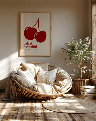 Uplifting hopecore art print. Cherry illustration wall art. Cherry red, cherry vibes, trending art print. Life is beautiful wall art decor in oak frame in cosy reading nook