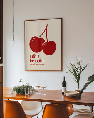 Uplifting hopecore art print in dining room decor. Cherry illustration wall art. Cherry red, cherry vibes, trending art print. Life is beautiful wall art decor in oak frame featuring cherries.