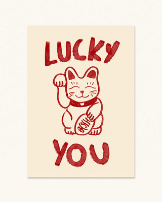 Lucky you unique wall art print with hand drawn illustration of a Japanese lucky cat. The poster is in cream and cherry red and comes unframed