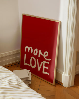 More love hand drawn lettering cherry red art print. Modern wall art in neutral bedroom, typography wall decor