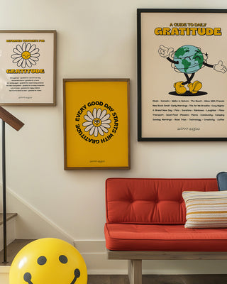 Retro gratitude Prints. Self care mindfulness positive affirmation free art print. Set of three gratitude in fun living room with smiley face.
