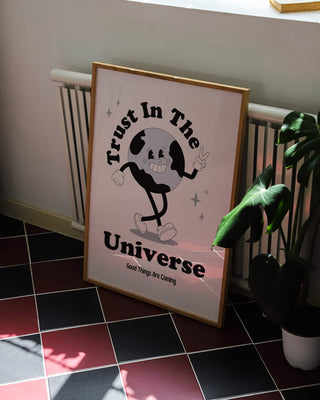 Trust in the universe wellness poster. Hand-drawn art print with motivational character quote.