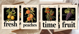 Unique kitchen wall art prints. Lemon poster and peaches poster contemporary wall art for kitchen decor. 