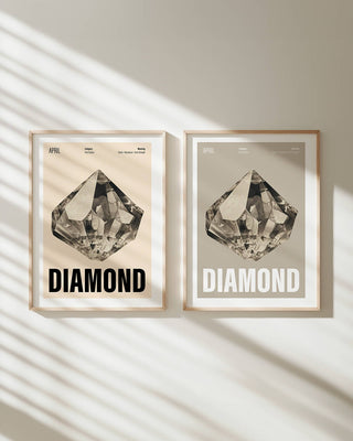 Two April birthstone art prints hanging on white wall. Diamond illustration posters in two background colours, cream and grey. The perfect gift for crystal lovers, April birthdays or Christmas gifting.