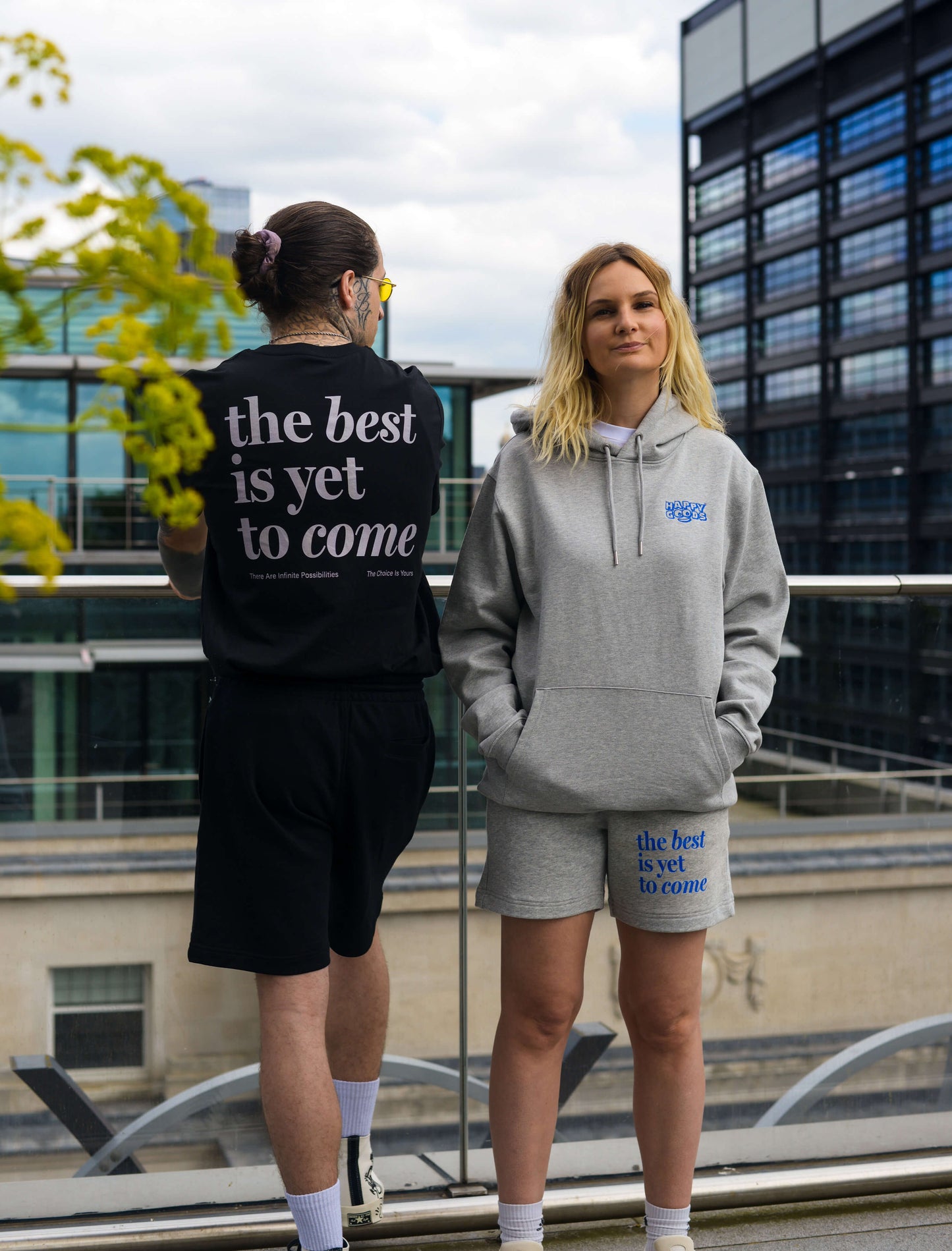 The best is yet to come shorts. positive messaging mental health shorts. man and woman wearing comfy mental health matching comfy sweats