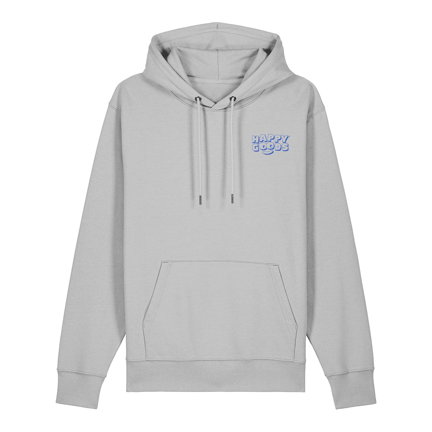 The best is yet to come hoodie. Blue embroidered appy Goods logo on grey positive affirmation hoodie. Set on white background