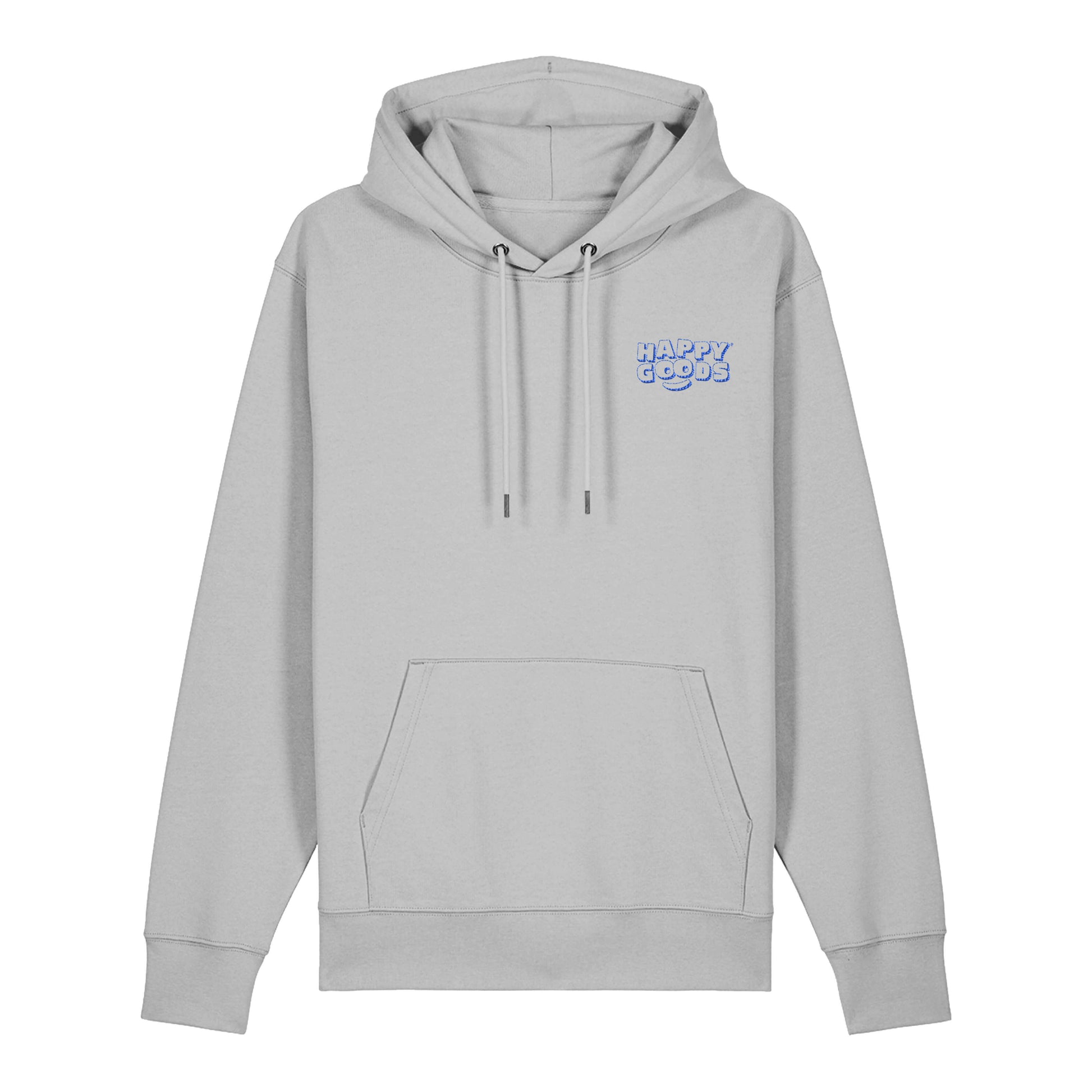 The best is yet to come hoodie. Blue embroidered appy Goods logo on grey positive affirmation hoodie. Set on white background