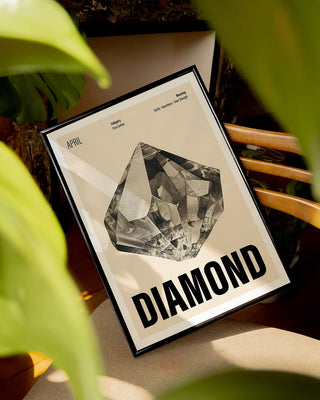 April birthstone art print in green living room. Diamond illustration with birthstone meaning wall poster for crystal lover, April birthday or Christmas gifting.