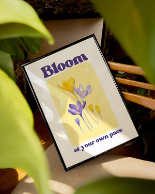 Bloom at your own pace art print. Watercolour unique hand painted spring flowers wall art decor in black frame. Flower painting with positive quote, feel-good uplifting homeware