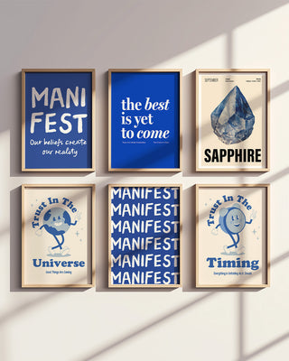 Positive prints collection in natural wooden frames hanging on gallery wall