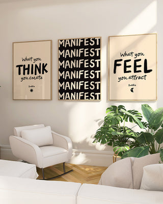 What you feel, you attract print. Buddha quote poster. Spiritual poster. Yoga print. Positive print. Mindfulness art print. Feel good gallery wall showing 3 framed prints in living room