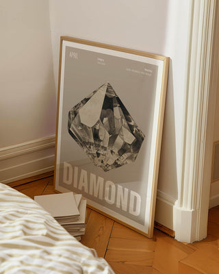 Large April birthstone art print leaning on white wall in bedroom. Watercolour diamond illustration with birthstone meaning. The perfect gift for crystal lovers, April birthdays or Christmas gifting.