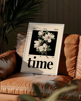 Every Flower Blooms in Its Own Time poster. Magnolia flower art print. Positive uplifting feel good wall art in vintage living room