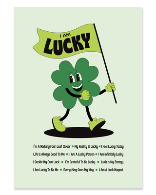 I am lucky affirmations retro art print in dark green. Walking four leaf clover.