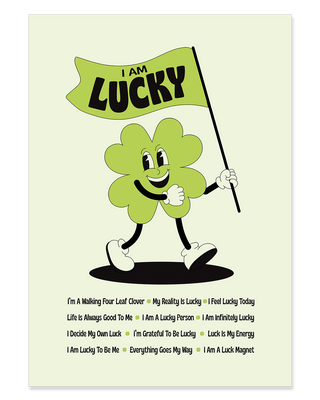 I am lucky affirmations retro art print in light green. Walking four leaf clover.