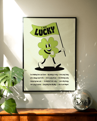 I am lucky poster in a black frame in a retro living room.