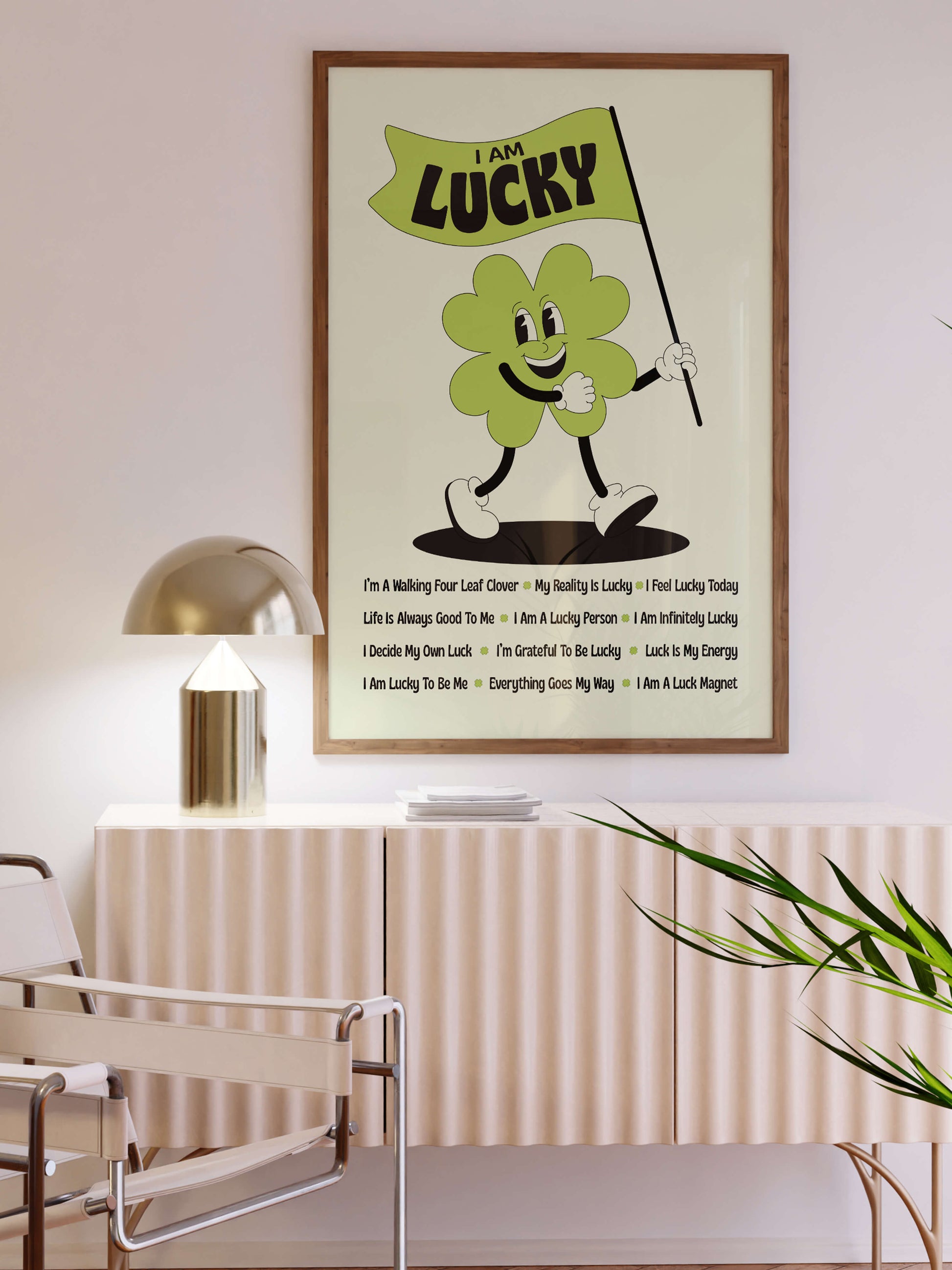 I am lucky affirmations print framed, retro mascot character, lucky girl, positive affirmation print
