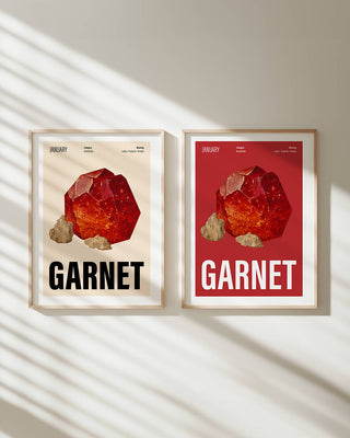 red garnet birthstone posters hanging on white wall. Framed prints for Christmas and birthday gifts.