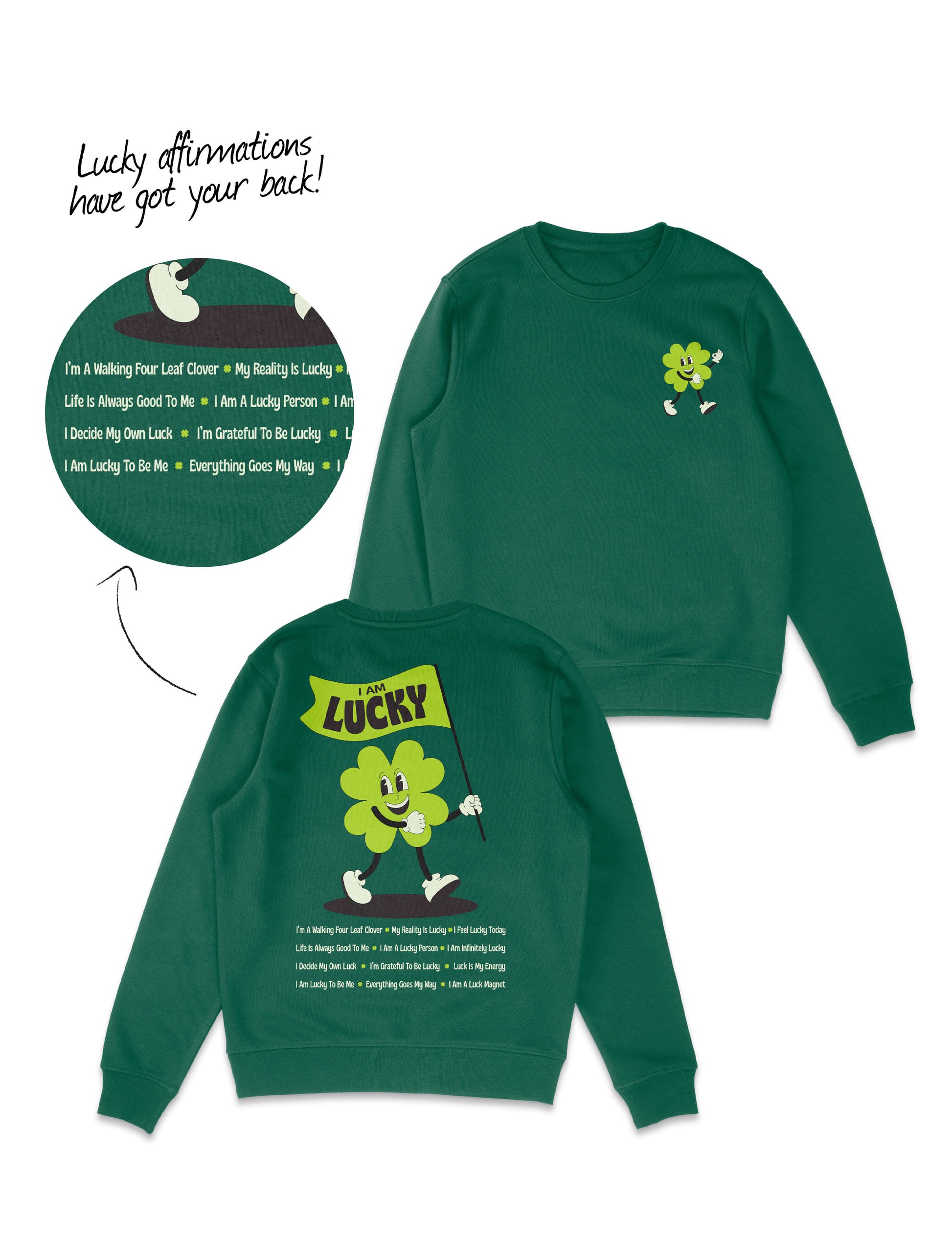 Lucky positive affirmations sweater in green. Four leaf walking clover, lucky mindset