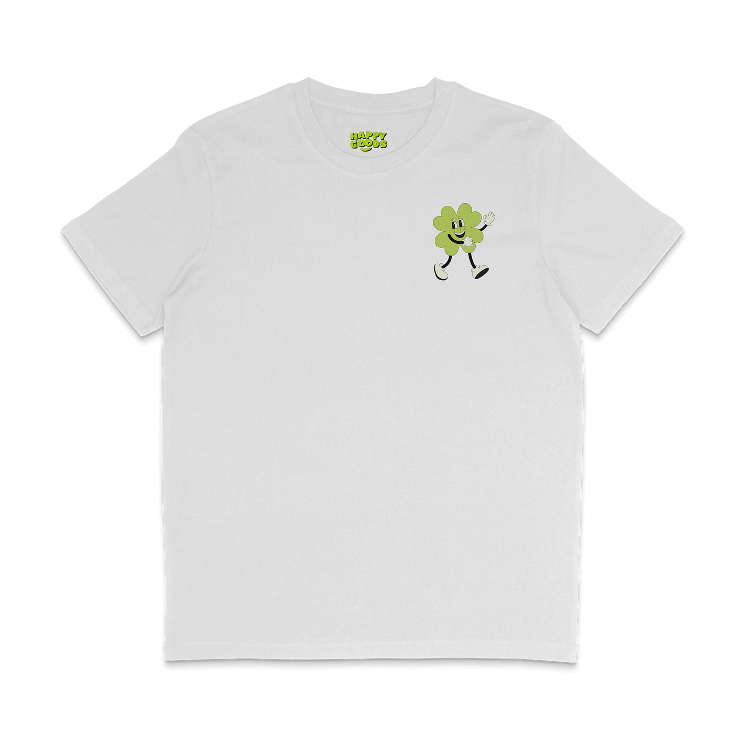I am lucky affirmation t-shirt, walking four leaf clover mascot illustration