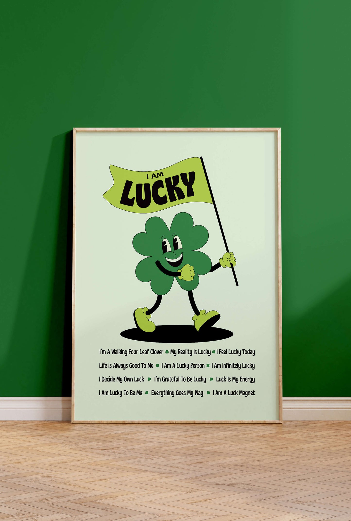 I am lucky affirmations print, retro mascot character, lucky girl