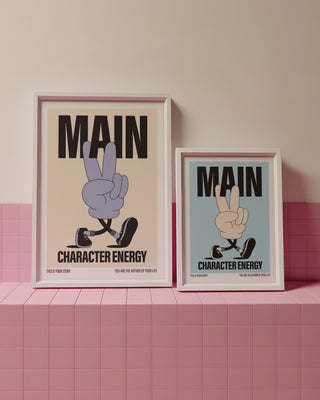 Main Character Energy print sitting on pink tiles. Dopamine decor colourful room.