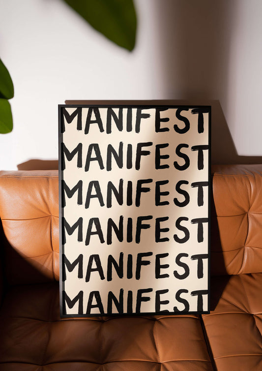 Manifest Print. Manifest poster. Black and cream manifestation art print on leather sofa. Spiritual poster. Positive print. 