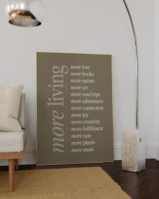 Mocha mousse trending art print. Slow living wellness mindfulness wall art decor. More love, more books poster for cosy reading nook in brown.
