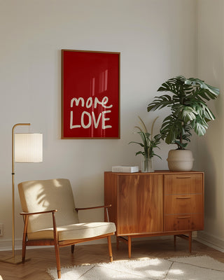 More love hand drawn lettering cherry red art print. Modern wall art in retro living room, typography wall decor