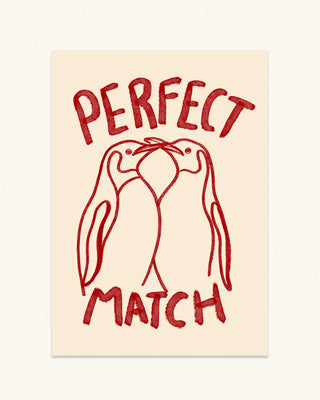 Hand-drawn perfect match penguin unframed wall art. Cream background with cherry red watercolour colours. Perfect unique gift. 