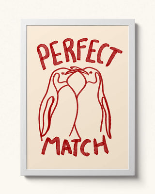 Hand-drawn perfect match penguin wall art in a  white frame. Cream background with cherry red watercolour colours. Perfect unique gift. 