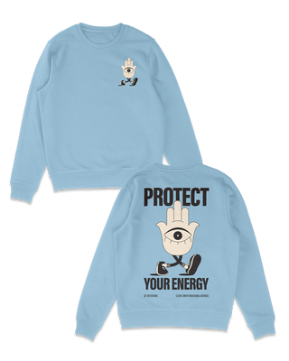 Protect your energy hamsa hand sweater in baby blue