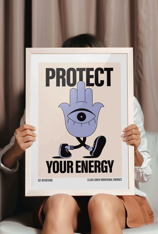 Hamsa Hand protect your energy print, protect your home, framed in cream, contemporary print