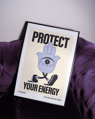 Hamsa Hand protect your energy print on a purple velvet sofa. Protect your peace poster. Spiritual poster. Positive print. Yoga art print in purple