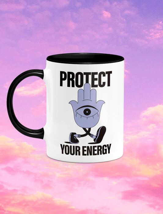 Protect your energy with our Hamsa Hand mug in purple, pink sky