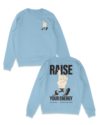 Raise your energy sweater in blue. mindfulness, wellness clothing