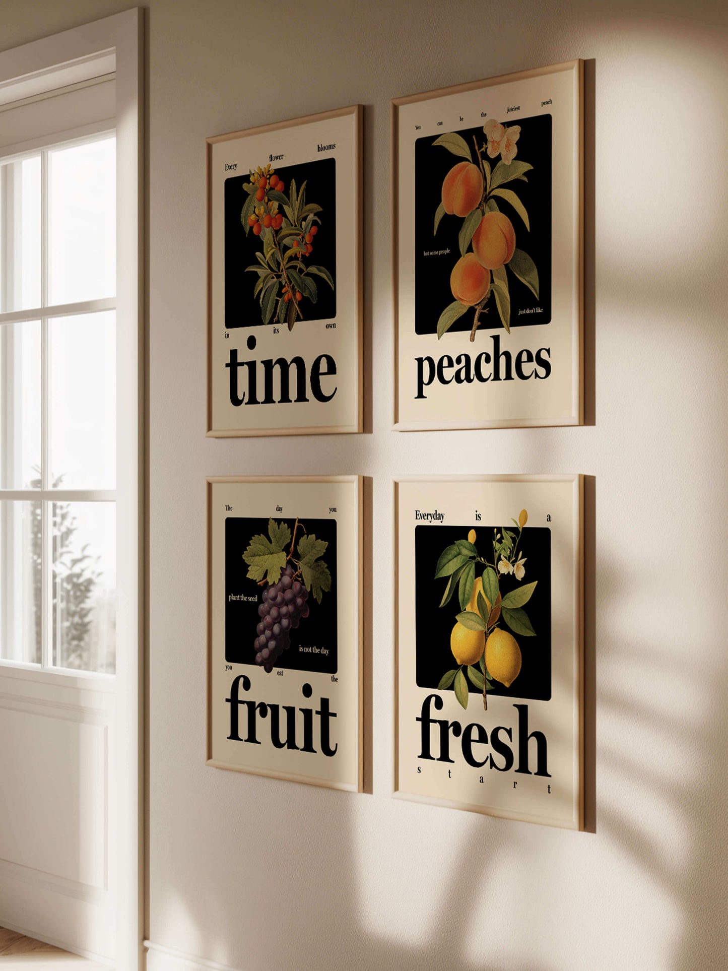 4 inspiring "Seeds of Positivity" framed art prints hanging on gallery wall.