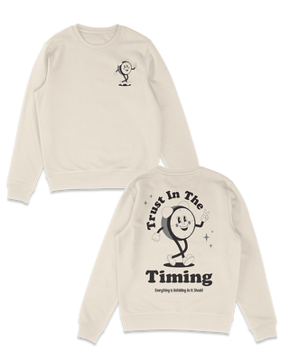 Front and back trust the timing sweater design in cream and black