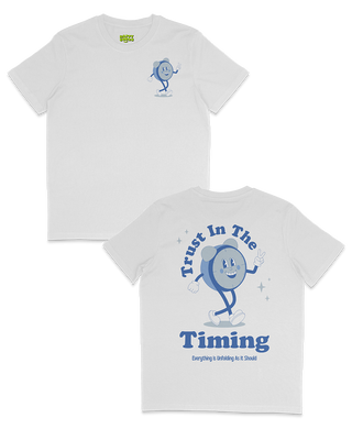 Trust in the timing t-shirt in blue. Retro mascot design, positive affirmations