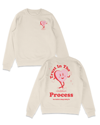 Trust the process retro positive affirmations clothing design. Cream sweater with red and pink heart character