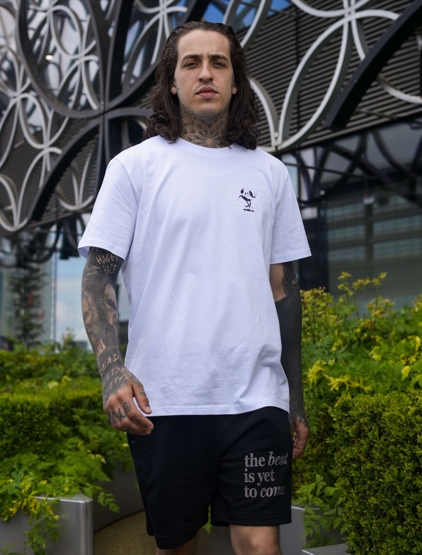 Trust in the universe tee, positive t-shirt, affirmation clothing, streetwear, unisex clothing. Man with tattoos, black and white, retro mascot 