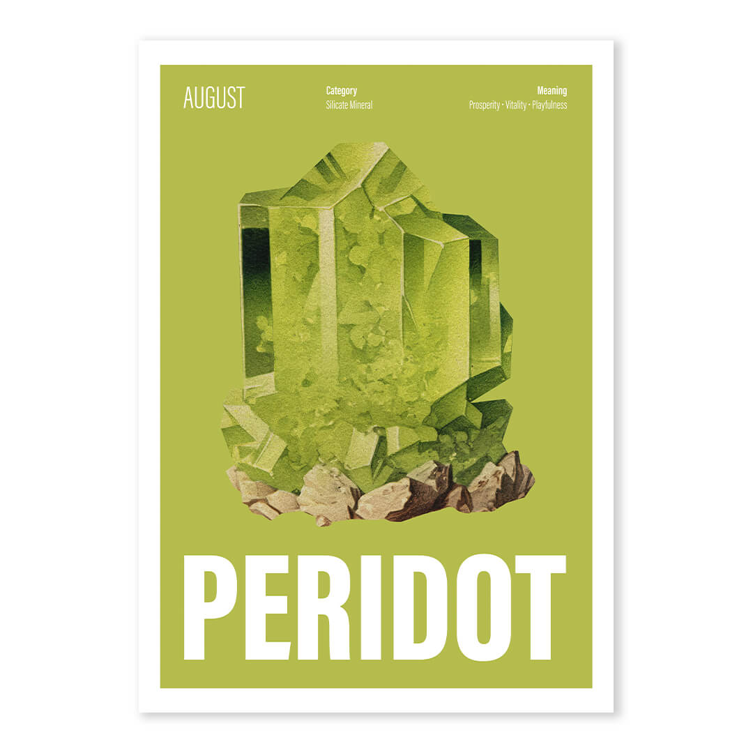 August birthstone art print featuring peridot crystal illustration. Modern peridot poster with the meaning behind the birthstone. muted green background with white lettering