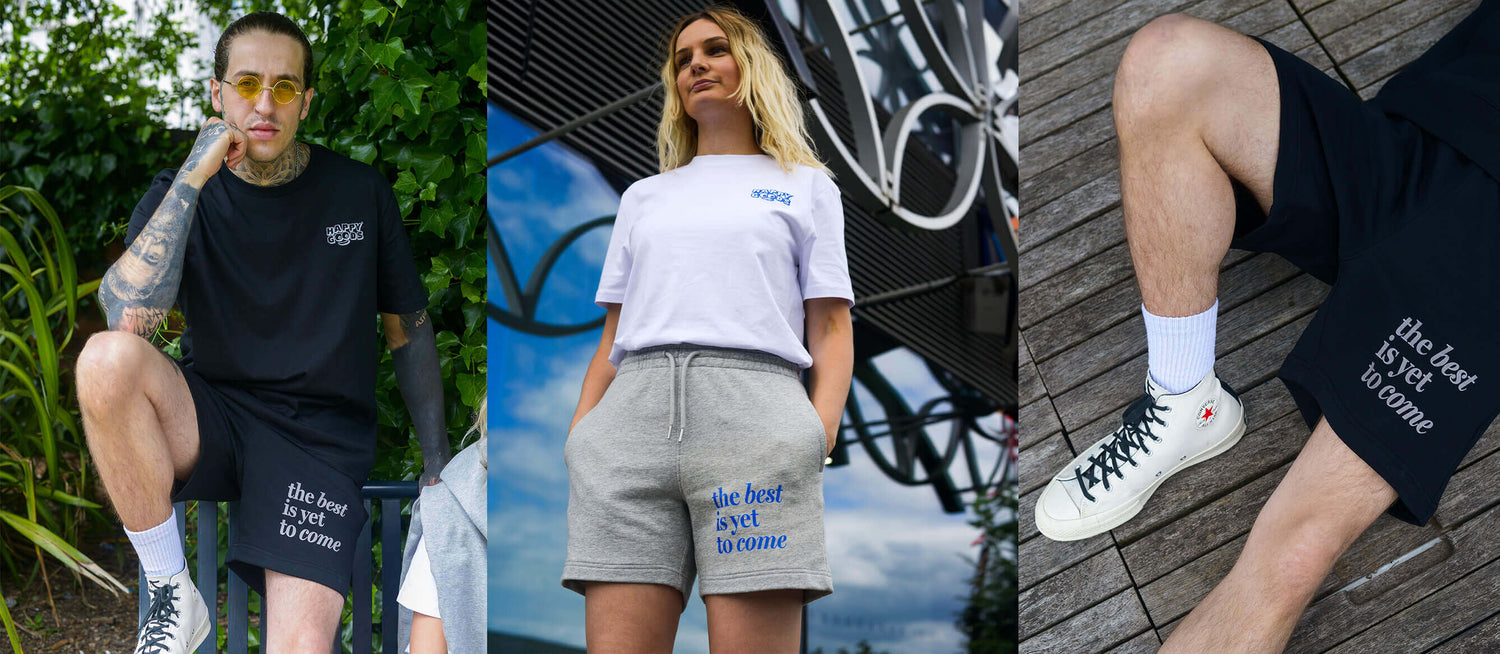 Male and female models wearing positive essential The Best Is Yet To Come comfy summer shorts