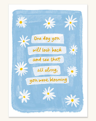 Uplifting quote daisies spring art print. Daisy positive quote feel good poster. Blue watercolour art print with butter yellow floral daisies illustration unframed